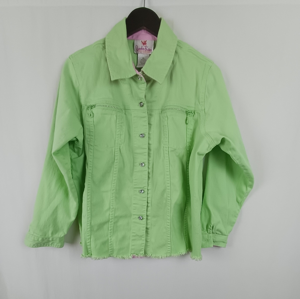 Quacker Factory Stretch Twill Rhinestone Trim Jacket Green XL A70154